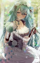 Rule 34 | 1girl, animal ears, black gloves, blurry, blurry background, blush, breasts, cleavage, closed mouth, collarbone, commission, crossed bangs, dress, flower, frilled dress, frills, gloves, green eyes, green flower, green hair, green rose, hair between eyes, hair flower, hair ornament, highres, holding, holding flower, jewelry, lace trim, large breasts, long hair, looking at viewer, necklace, original, rabbit ears, rabbit girl, rose, sidelocks, signature, skeb commission, smile, solo, syandega, very long hair, virtual youtuber, watermark, white flower, white rose