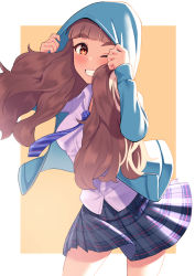 Rule 34 | 1girl, bare legs, blue hoodie, blunt bangs, blush, border, breasts, brown hair, cowboy shot, grin, highres, holding hoodie, hood, hood up, hoodie, idolmaster, idolmaster cinderella girls, idolmaster cinderella girls starlight stage, kamiya nao, long hair, looking at viewer, medium breasts, necktie, ntn00a, one eye closed, open clothes, open collar, open hoodie, orange background, plaid, plaid skirt, pleated skirt, school uniform, shiny clothes, simple background, skirt, smile, solo, thick eyebrows, white border