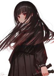 Rule 34 | 1girl, black hair, black shirt, black skirt, blush, copyright request, highres, holding, jigoku shoujo, long hair, long sleeves, looking at viewer, neckerchief, pleated skirt, red eyes, red neckerchief, ryota (ry o ta), sailor collar, shadow, shirt, signature, simple background, skirt, solo, upper body, white background, white sailor collar
