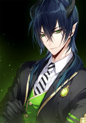 Rule 34 | 1boy, black gloves, blue hair, blurry, closed mouth, gloves, green eyes, hair between eyes, horns, long hair, looking at viewer, male focus, malleus draconia, mochizuki shiina, necktie, open clothes, own hands clasped, own hands together, pointy ears, sidelocks, solo, striped necktie, striped neckwear, twisted wonderland, upper body