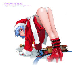 Rule 34 | 1girl, all fours, arm support, ass, ayanami rei, bent over, blue hair, blush, boots, buckle, christmas, embarrassed, hands reach floor, hat, high heels, jacket, kneepits, looking at viewer, looking back, neon genesis evangelion, panties, presenting, red eyes, santa costume, santa hat, shibata masahiro, shoes, short hair, simple background, solo, thighs, thomas the tank engine, thomas the tank engine (character), top-down bottom-up, toy, underwear, wand, watermark, web address, white background, white panties