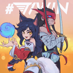 Rule 34 | 1boy, 1girl, ahri (league of legends), animal ears, black hair, closed mouth, facial mark, fang, fox ears, fox girl, fox tail, holding, holding sword, holding weapon, league of legends, long hair, long sleeves, looking at viewer, open mouth, phantom ix row, sk telecom t1, smile, standing, sword, tail, v-shaped eyebrows, weapon, whisker markings, wide sleeves, yellow eyes, yone (league of legends)