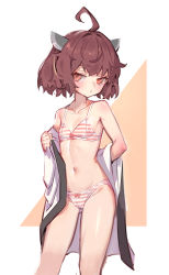 Rule 34 | 1girl, ahoge, arm behind back, bare shoulders, blush, border, bow, bow panties, bra, brown eyes, brown hair, cameltoe, closed mouth, collarbone, commentary, feet out of frame, flat chest, hand up, headgear, looking at viewer, navel, outside border, panties, pink bow, pink bra, pink panties, short hair, sketch, solo, striped bra, striped clothes, striped panties, touhoku kiritan, triangle, underwear, undressing, voiceroid, white border, white bra, white panties, yamamomo (plank)