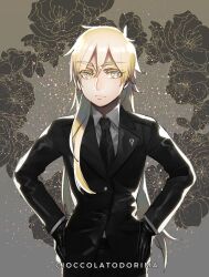 Rule 34 | 1girl, black gloves, blonde hair, bright pupils, cioccolatodorima, expressionless, floral background, gloves, hands on own hips, humanization, light particles, long hair, looking at viewer, necktie, official art, personification, planetary moe, solo, star-shaped pupils, star (symbol), symbol-shaped pupils, tuxedo, venus (planetary moe), venus symbol
