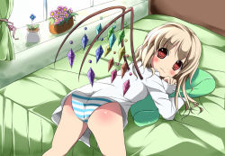 Rule 34 | 1girl, :3, ass, bed, blonde hair, blush, curtains, dress shirt, fang, flandre scarlet, flower, flower pot, kazura, looking at viewer, lying, no headwear, on bed, on stomach, panties, pillow, red eyes, shirt, short hair, solo, striped clothes, striped panties, touhou, underwear, window, wings