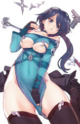 Rule 34 | 1girl, :o, bare shoulders, black thighhighs, breasts, choker, clothing cutout, collarbone, covered erect nipples, dress, gun, hammer, handgun, highres, hitomi o, large breasts, no bra, no panties, off-shoulder, off-shoulder sweater, off shoulder, original, parted lips, pistol, short hair, side slit, simple background, solo, sweater, thighhighs, underboob, underboob cutout, wavy mouth, weapon, white background