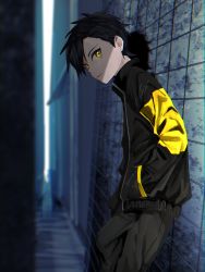 Rule 34 | 1boy, absurdres, against wall, alley, asagiri kogen, bad id, bad twitter id, black hair, black jacket, blurry, closed mouth, commentary request, creatures (company), ethan (pokemon), game freak, hand in pocket, highres, jacket, looking to the side, male focus, nintendo, pants, pokemon, pokemon adventures, short hair, signature, solo, standing, yellow eyes