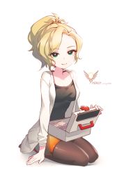 Rule 34 | 1girl, black pantyhose, blonde hair, breasts, casual, character name, cross, first aid kit, full body, green eyes, lab coat, looking at viewer, medium breasts, mercy (overwatch), miniskirt, ng (kimjae737), overwatch, overwatch 1, pantyhose, pencil skirt, ponytail, red cross, skirt, smile, solo