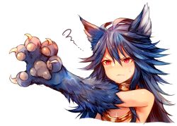 Rule 34 | 10s, 1girl, absurdres, animal ears, animal hands, blue hair, claws, commentary request, fenrir (shingeki no bahamut), frown, fur, glint, granblue fantasy, highres, jewelry, long hair, outstretched arm, red eyes, shingeki no bahamut, simple background, solo, squiggle, sukemyon, sweatdrop, upper body, white background, wolf ears