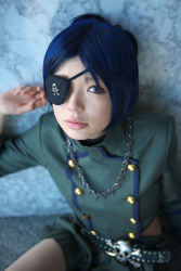 Rule 34 | 1girl, asian, blue hair, blurry, breasts, chrome dokuro, color contacts, cosplay, depth of field, eyepatch, female focus, from above, highres, katekyo hitman reborn!, looking at viewer, makeup, mascara, miniskirt, namada, on floor, parted lips, photo (medium), pleated skirt, rug, short hair, sitting, skirt, skull and crossbones, skull belt, small breasts, solo, uniform