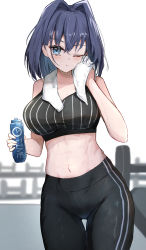 Rule 34 | 1girl, black pants, black sports bra, blue eyes, blue hair, blush, bottle, breasts, closed mouth, commentary, cowboy shot, english commentary, english text, hair between eyes, hair intakes, highres, holding, holding bottle, holding towel, hololive, hololive english, large breasts, looking at viewer, medium hair, midriff, navel, one eye closed, ouro kronii, pants, parted lips, revision, shuuzo3, solo, split mouth, sports bra, standing, sweat, thigh gap, towel, towel around neck, virtual youtuber, wiping sweat