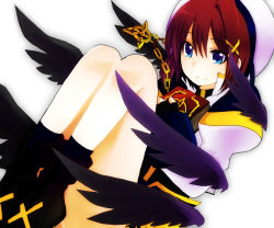 Rule 34 | 1girl, black wings, blue eyes, blush, boots, brown hair, fingerless gloves, gloves, hair ornament, hat, jewelry, lyrical nanoha, magical girl, mahou shoujo lyrical nanoha, mahou shoujo lyrical nanoha a&#039;s, mikaze, necklace, schwertkreuz, short hair, smile, socks, solo, tome of the night sky, white background, wings, x hair ornament, yagami hayate