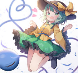 Rule 34 | 1girl, :d, absurdres, black footwear, black hat, blurry, blurry background, boots, bow, floral print, frilled skirt, frilled sleeves, frills, green eyes, green hair, green skirt, hanen (borry), hat, hat bow, heart, heart of string, highres, koishi day, komeiji koishi, legs up, long sleeves, looking at viewer, open mouth, rose print, shirt, short hair, simple background, skirt, smile, solo, third eye, touhou, white background, wide sleeves, yellow bow, yellow shirt