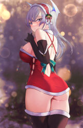 Rule 34 | 1girl, ass, black gloves, black thighhighs, blue eyes, blurry, blurry background, blush, breasts, christmas, closed mouth, commentary request, from behind, gloves, grey hair, hair ornament, highres, large breasts, long hair, looking at viewer, looking back, original, solo, thighhighs, thighs, udaruyo