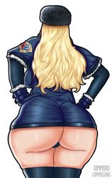 Rule 34 | 1girl, artist name, ass, ass focus, black gloves, black panties, black thighhighs, blonde hair, breasts, coat, fur hat, fur trim, gloves, hands on own hips, hat, highres, huge ass, kolin, large breasts, long hair, panties, simple background, solo, standing, street fighter, street fighter v, thick thighs, thighhighs, thighs, tommoku, underwear, ushanka, wavy hair, white background, wide hips, winter clothes, winter coat, zettai ryouiki