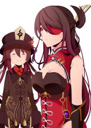 Rule 34 | 2girls, ^ ^, beidou (genshin impact), black hair, breast envy, breasts, brown hair, chinese clothes, cleavage, closed eyes, commentary request, eyepatch, genshin impact, hair between eyes, hair ornament, hair over one eye, hairpin, hat, highres, hu tao (genshin impact), large breasts, long hair, long sleeves, looking at another, multiple girls, porkpie hat, red eyes, sidelocks, simple background, sleeveless, smile, twintails, white background, yasehattagi