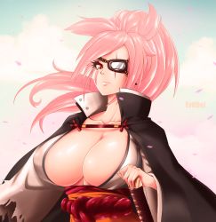 Rule 34 | 1girl, absurdres, baiken, breasts, cleavage, commentary, evil-dei, eyepatch, facial tattoo, goggles, guilty gear, guilty gear xrd, highres, large breasts, long hair, monocle, no bra, one-eyed, petals, pink hair, ponytail, scar, scar across eye, scar on face, solo, tattoo