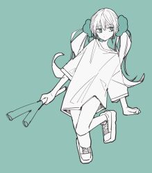 Rule 34 | 1girl, 3774., aqua background, hatsune miku, oversized clothes, shirt, spring onion, t-shirt, twintails, vocaloid