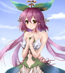 Rule 34 | 10s, 1girl, animal, animal on shoulder, bare arms, bird, bird on shoulder, blue sky, blush, breasts, closed mouth, clothing cutout, cloud, collarbone, day, dress, eyebrows, granblue fantasy, hair between eyes, hands on own chest, leaf, long hair, looking at viewer, low twintails, medium breasts, merushi~, monster girl, navel, navel cutout, orange eyes, outdoors, outline, own hands together, pink hair, plant, plant girl, sky, smile, solo, thorns, twintails, vines, yggdrasill (granblue fantasy)