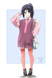 Rule 34 | 1girl, alternate costume, arm up, bag, black footwear, black hair, blue background, casual, character name, closed mouth, collared shirt, copyright name, dated, hair ornament, hair scrunchie, hand in own hair, hand up, handbag, hibike! euphonium, highres, kasaki nozomi, long sleeves, looking at viewer, necktie, nii manabu, pantyhose, parted bangs, pink necktie, pink pantyhose, pink shirt, plaid, plaid shirt, ponytail, puffy long sleeves, puffy sleeves, scrunchie, shirt, shoes, shoulder bag, sidelocks, signature, simple background, sleeves past wrists, smile, sneakers, solo, sweater vest