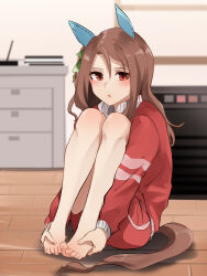 1girl animal_ears barefoot brown_hair cabinet ear_covers feet grabbing_own_foot highres horse_ears horse_girl horse_tail jacket kakuteru_sudachi king_halo_(umamusume) knees_up looking_at_viewer on_floor parted_bangs red_eyes shorts sitting solo tail toes tracen_training_uniform umamusume wooden_floor