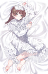 Rule 34 | 1girl, absurdres, arm up, barefoot, blush, book hair ornament, braid, brown hair, frilled pajamas, hair ornament, hairclip, highres, indie virtual youtuber, kanae (inorin05kanae), long sleeves, looking at viewer, lying, medium hair, on side, pajamas, pink nails, single ankle cuff, sleep mask, solo, twintails, under covers, virtual youtuber, white pajamas, yomiyama humino