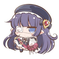 Rule 34 | 10s, 1girl, belt, belt buckle, black bow, black dress, black footwear, black hair, black hat, black legwear, black ribbon, blue eyes, blush stickers, book, bow, buckle, chibi, closed mouth, dress, eyepatch, full body, gem, gothic lolita, granblue fantasy, hand up, harvin, hat, hat bow, holding, holding book, holding pen, jitome, lolita fashion, long hair, looking at viewer, lunalu (granblue fantasy), medical eyepatch, neck ribbon, nejikirio, nib pen (object), paintbrush, pen, pink belt, pointy ears, red gemstone, ribbon, shoes, simple background, sketchbook, solo, striped, striped bow, white background