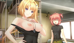 Rule 34 | 2girls, blonde hair, breast envy, breasts, breasts out, brown hair, clothes pull, dog tags, dress, ellen aice, female focus, hair ornament, hairclip, hand on own hip, indoors, large breasts, miono shizuku, multiple girls, muv-luv, muv-luv alternative, nipples, open mouth, purple eyes, shirt pull, smile, two side up, upper body