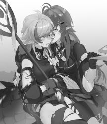 Rule 34 | 2girls, ahoge, antenna hair, arknights, blush, chinese commentary, crocodilian tail, d-pad, d-pad hair ornament, detached sleeves, flower, gavial (arknights), gloves, goggles, goggles around neck, greyscale, hair flower, hair ornament, hand up, highres, holding, holding staff, hood, hood down, injury, long hair, looking at viewer, monochrome, multicolored hair, multiple girls, partially fingerless gloves, pointy ears, short hair, staff, streaked hair, tail, thighs, tomimi (arknights), tongue, tongue out, torn clothes, torn legwear, torn sleeve, yumingtongxue, yuri