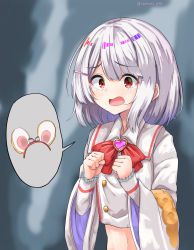 Rule 34 | absurdres, animal ears, blurry, blurry background, brooch, clenched hands, commentary request, fake animal ears, granblue fantasy, hair ornament, hairclip, heart, heart brooch, highres, jewelry, long sleeves, looking at viewer, midriff, open mouth, red ribbon, ribbon, short hair, silver hair, solo, tears, twitter username, vikala (granblue fantasy)