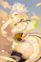 Rule 34 | 10s, 1girl, armband, ass, bad id, bad pixiv id, blonde hair, chain chronicle, choker, closed mouth, cloud, corset, cowboy shot, dagger, dual wielding, earrings, flower, gloves, green eyes, hair flower, hair ornament, holding, holding weapon, jewelry, kaya tsuda, knife, long hair, looking at viewer, original, outdoors, panties, petals, ribbon, sky, solo, underwear, weapon, white flower, white panties
