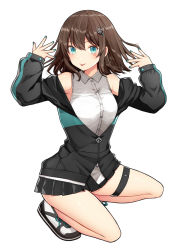 Rule 34 | 1girl, bad id, bad pixiv id, bare shoulders, black footwear, black jacket, black skirt, blush, breasts, brown hair, collared shirt, commentary request, dress shirt, fingernails, full body, green eyes, green nails, hair between eyes, hair ornament, hands up, jacket, kurata rine, long hair, long sleeves, nail polish, no socks, open clothes, open jacket, original, pleated skirt, puffy long sleeves, puffy sleeves, shirt, shoes, simple background, skindentation, skirt, sleeveless, sleeveless shirt, sleeves past wrists, small breasts, solo, squatting, thigh strap, white background, white shirt