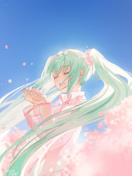Rule 34 | 1girl, 39, :d, bad id, bad pixiv id, bare shoulders, blue sky, blush, cherry blossoms, closed eyes, collared shirt, commentary, day, detached sleeves, floating hair, flower, green hair, hair between eyes, hair flower, hair ornament, hands up, hatsune miku, highres, holding, holding flower, long hair, long sleeves, maya g, open mouth, outdoors, pink flower, pink sleeves, see-through, see-through sleeves, shirt, sky, sleeveless, sleeveless shirt, smile, solo, twintails, very long hair, vocaloid, white shirt, wide sleeves