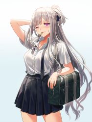 Rule 34 | 1girl, ;), ak-12 (girls&#039; frontline), bag, black necktie, blush, braid, breasts, closed mouth, collarbone, collared shirt, french braid, girls&#039; frontline, half updo, long hair, looking at viewer, mouth hold, necktie, one eye closed, pleated skirt, purple eyes, ribbon, school bag, school uniform, shirt, sidelocks, silence girl, silver hair, skirt, smile, solo, sweatdrop, untied, very long hair, white shirt