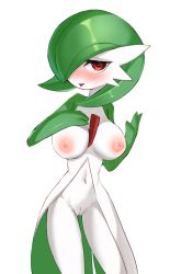 Rule 34 | 1girl, a (pixiv 84181739), absurdres, blush, bob cut, breasts, colored skin, cowboy shot, creatures (company), female focus, game freak, gardevoir, gen 3 pokemon, green hair, green skin, groin, hair over one eye, half-closed eyes, hand on own chest, hands up, happy, heart, heart-shaped pupils, highres, large breasts, looking at viewer, multicolored skin, narrow waist, navel, nintendo, nipples, nose blush, one eye covered, open mouth, pokemon, pokemon (creature), pussy, red eyes, short hair, simple background, smile, solo, standing, stomach, symbol-shaped pupils, two-tone skin, uncensored, white background, white skin