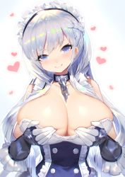 Rule 34 | 1girl, azur lane, bare shoulders, belfast (azur lane), between breasts, blue eyes, blurry, blush, braid, breasts, chain, cleavage, closed mouth, collar, depth of field, french braid, frill trim, frills, gloves, hair over shoulder, head tilt, heart, highres, huge breasts, long hair, looking at viewer, maid headdress, mamuru, paizuri invitation, side braid, silver hair, simple background, single braid, single sidelock, smile, solo, underbust, upper body, vambraces, white gloves