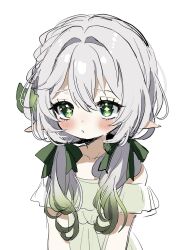 Rule 34 | 1girl, alternate hairstyle, bare shoulders, blush, braid, collarbone, commentary, cross-shaped pupils, dress, eyelashes, genshin impact, gradient hair, green dress, green eyes, green hair, green ribbon, hair between eyes, hair intakes, hair ornament, hair over shoulder, hair ribbon, highres, hirarinoie, leaf hair ornament, long hair, looking at viewer, low twintails, multicolored hair, nahida (genshin impact), off-shoulder dress, off shoulder, parted lips, pointy ears, ribbon, short sleeves, sidelocks, simple background, single braid, sketch, solo, symbol-only commentary, symbol-shaped pupils, twintails, twitter suki, upper body, white background, white hair