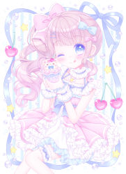 Rule 34 | 1girl, ;q, blue bow, blue eyes, blush, bow, bridal garter, brown hair, cherry, closed mouth, commentary request, dress, food, frilled bow, frilled dress, frills, fruit, hair bow, hair ornament, hairclip, hands up, heart, highres, himetsuki luna, holding, holding food, long hair, looking at viewer, one eye closed, original, pink bow, pink dress, pleated dress, side ponytail, sleeveless, sleeveless dress, smile, solo, star (symbol), striped, striped background, tongue, tongue out, vertical stripes, very long hair, white dress, wrist cuffs, x hair ornament