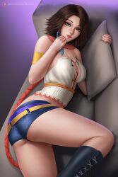 Rule 34 | 1girl, arduina (arduin art), ass, blue eyes, blue shorts, breasts, brown hair, center opening, couch, final fantasy, final fantasy x, final fantasy x-2, fingernails, green eyes, heterochromia, highres, lips, medium breasts, parted lips, short hair, short shorts, shorts, smile, solo, twisted torso, yuna (ff10)