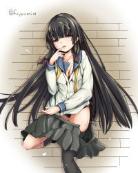 Rule 34 | 10s, 1girl, black panties, black socks, clothes pull, commentary request, finger to mouth, fuyu mi, gradient background, isokaze (kancolle), kantai collection, kneehighs, long hair, long sleeves, panties, partially undressed, red eyes, school uniform, serafuku, side-tie panties, single kneehigh, single sock, single thighhigh, skirt, skirt pull, socks, solo, tears, thighhighs, twitter username, underwear, very long hair
