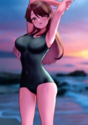 Rule 34 | 1girl, absurdres, armpits, beach, blue one-piece swimsuit, blush, brave witches, breasts, brown eyes, brown hair, covered navel, hair ribbon, highres, karibuchi takami, kuroniko, large breasts, long hair, looking at viewer, ocean, one-piece swimsuit, one eye closed, open mouth, outdoors, presenting armpit, ribbon, sky, solo, swimsuit, world witches series
