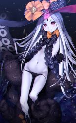 Rule 34 | 1girl, abigail williams (fate), abigail williams (third ascension) (fate), black bow, black gloves, black hat, black panties, black socks, blush, bow, breasts, commentary request, elbow gloves, fate/grand order, fate (series), gloves, glowing, grin, groin, hat, hat bow, head tilt, highres, kneehighs, long hair, looking at viewer, navel, omochi (youmu46), orange bow, pale skin, panties, panty pull, parted bangs, parted lips, print bow, red eyes, revealing clothes, small breasts, smile, socks, solo, star (sky), star (symbol), star print, suction cups, tentacles, topless, underwear, v-shaped eyebrows, very long hair, white hair, witch hat