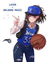 Rule 34 | 1girl, ball, bang dream!, baseball cap, basketball, basketball (object), basketball jersey, belt, black vest, blue hat, blue shirt, brown belt, collared shirt, cosplay, cowboy shot, denim, earrings, finger gun, hair behind ear, hat, highres, holding, holding ball, jeans, jewelry, leaning to the side, looking at viewer, national basketball association, necklace, new era, orlando magic, pants, ponytail, red nails, shaquille o&#039;neal, shaquille o&#039;neal (cosplay), shirt, smile, solo, vest, wakana rei, white background, white shirt, yazawa happyaro