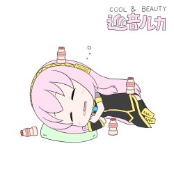 Rule 34 | 1girl, absurdres, armband, black shirt, black skirt, black sleeves, black thighhighs, boots, bottle, bubble, character name, chibi, commentary, cushion, closed eyes, full body, gold trim, hatsune negame, headphones, highres, knee boots, long hair, lying, megurine luka, object on ass, object on head, on side, open mouth, pink hair, saliva, shirt, short sleeves, single sleeve, skirt, sleeping, solo, thighhighs, translated, very long hair, vocaloid, white background, yakult, zabuton