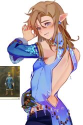 Rule 34 | 1boy, arm across waist, back cutout, backless outfit, blue eyes, brown hair, clothing cutout, detached sleeves, earrings, fingernails, from behind, frostbite set (zelda), highres, hireath 21, jewelry, link, looking at viewer, looking back, medium hair, nintendo, official alternate costume, photo-referenced, pointy ears, sharp fingernails, solo, the legend of zelda, the legend of zelda: tears of the kingdom, upper body