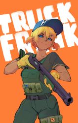 Rule 34 | 1girl, absurdres, aiming, aiming at viewer, baseball cap, blonde hair, blue eyes, closed mouth, gloves, gradient hair, green overalls, grey shirt, gun, hat, highres, holding, holding gun, holding weapon, looking at viewer, mossberg 500, multicolored hair, original, polilla, pouch, pump action, shirt, short sleeves, shotgun, smile, solo, standing, twintails, weapon, yellow gloves