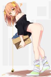 Rule 34 | 1girl, ?, arched back, ass, bad id, bad twitter id, bare shoulders, black shirt, blouse, blue background, bottomless, box, brown hair, digital media player, full body, highres, ipod, loose socks, mouth hold, no panties, original, sasahara wakaba, shark, shirt, socks, solo, twintails, twitter username, white background, wooden floor, yellow eyes
