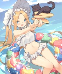 Rule 34 | 1girl, :d, abigail williams (fate), abigail williams (swimsuit foreigner) (fate), abigail williams (swimsuit foreigner) (third ascension) (fate), animal, bare arms, bare shoulders, bikini, black cat, blonde hair, blue eyes, blush, bonnet, bow, breasts, cat, commentary request, day, eyes visible through hair, fate/grand order, fate (series), food, hair bow, heart, holding, holding food, horizon, innertube, kildir, long hair, looking at viewer, navel, ocean, open mouth, outdoors, outstretched arms, pancake, pancake stack, parted bangs, polka dot, small breasts, smile, solo, strapless, strapless bikini, swim ring, swimsuit, twintails, very long hair, water, white bikini, white bow, white headwear