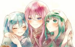 Rule 34 | 3girls, aryuma772, blue eyes, blue hair, blue shirt, blush, bracelet, brown cape, cape, closed eyes, closed mouth, green eyes, green hair, green nails, grin, gumi, hair ribbon, hand on another&#039;s head, hand on another&#039;s neck, hand on hand, hatsune miku, highres, jewelry, long hair, megurine luka, multiple girls, nail polish, pink hair, ribbon, ring, shirt, smile, straight hair, twintails, twitter username, upper body, vocaloid, white background, white ribbon