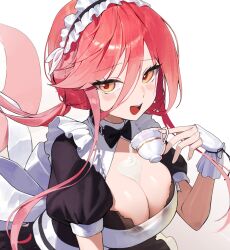 Rule 34 | 1girl, blush, breasts, cetacean tail, cleavage, collarbone, cup, dolphin girl, fins, fish tail, hair between eyes, highres, holding, juliet sleeves, large breasts, long hair, long sleeves, looking at viewer, maid, maid headdress, milk, open mouth, orange eyes, original, pink hair, ponytail, pouring, pouring onto self, puffy sleeves, sbgu, sitting, smile, solo, tail, upper body